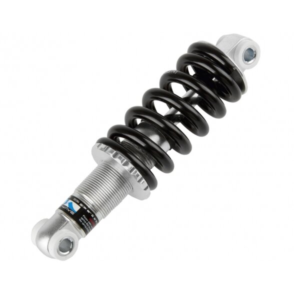 shock-absorber M-WAVE, for rear-stays, alloy silver, adjustable, with black steel spring 650 lbs, with holes with diamet 1