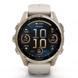 Garmin fenix 8 – 43 mm, AMOLED Sapphire, Šviesaus aukso ir rūko pilkos / tamsios smiltainio spalvos silikoninis dirželis