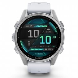 Garmin fenix 8 – 43 mm, AMOLED Sidabrinis su baltojo akmens spalvos silikoniniu dirželiu