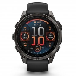 Garmin fenix 8 – 47 mm, AMOLED Sapphire, Pilkos anglies spalvos DLC titanas su juodos / pilkos akmenukų spalvos silikoniniu dirželiu