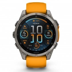 Garmin fenix 8 – 47 mm, AMOLED Sapphire, Titanas su oranžiniu / grafito spalvos silikoniniu dirželiu