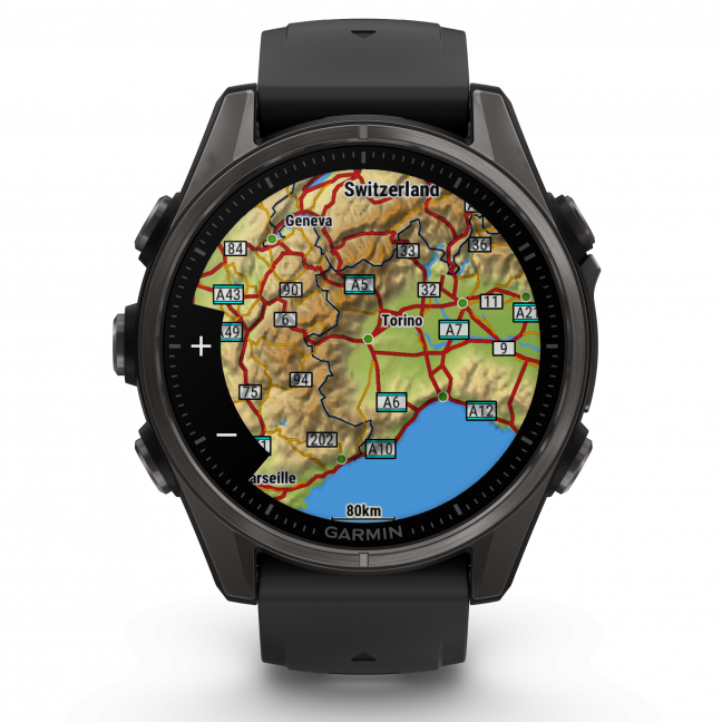 Garmin fenix 8 – 43 mm, AMOLED Sapphire, Pilkos anglies spalvos DLC titanas su juodos / pilkos akmenukų spalvos silikoniniu dirželiu 8