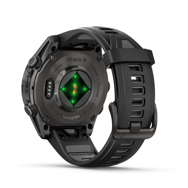 Garmin fenix 8 – 43 mm, AMOLED Sapphire, Pilkos anglies spalvos DLC titanas su juodos / pilkos akmenukų spalvos silikoniniu dirželiu 2