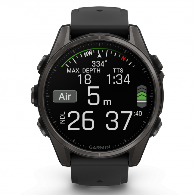 Garmin fenix 8 – 43 mm, AMOLED Sapphire, Pilkos anglies spalvos DLC titanas su juodos / pilkos akmenukų spalvos silikoniniu dirželiu 9