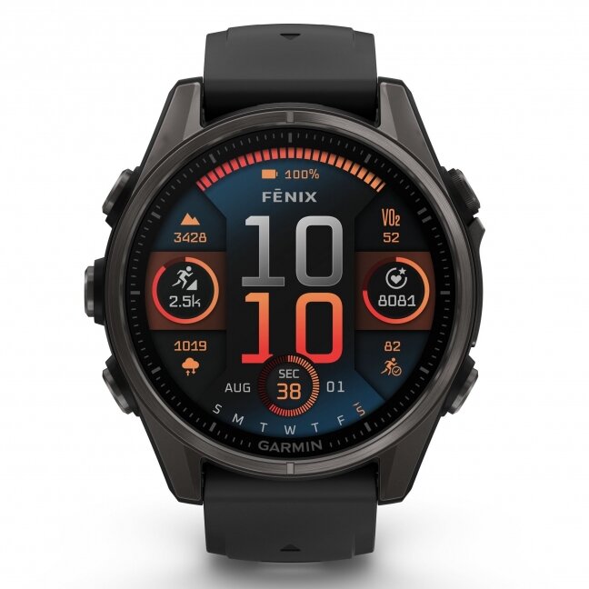 Watch fēnix® 8 – 43 mm, AMOLED Sapphire, Carbon grey DLC titanium with Black/pebble grey silicone band 1