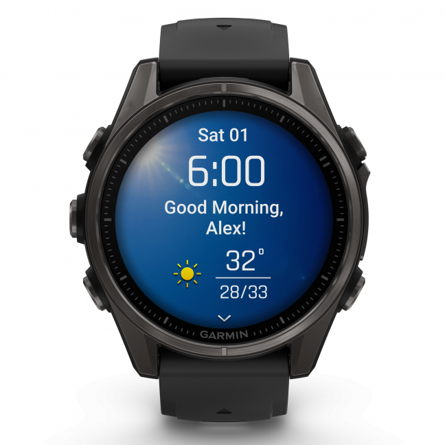 Garmin fenix 8 – 43 mm, AMOLED Sapphire, Pilkos anglies spalvos DLC titanas su juodos / pilkos akmenukų spalvos silikoniniu dirželiu 12