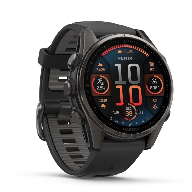 Garmin fenix 8 – 43 mm, AMOLED Sapphire, Pilkos anglies spalvos DLC titanas su juodos / pilkos akmenukų spalvos silikoniniu dirželiu