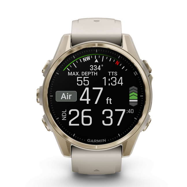 Garmin fenix 8 – 43 mm, AMOLED Sapphire, Šviesaus aukso ir rūko pilkos / tamsios smiltainio spalvos silikoninis dirželis 8