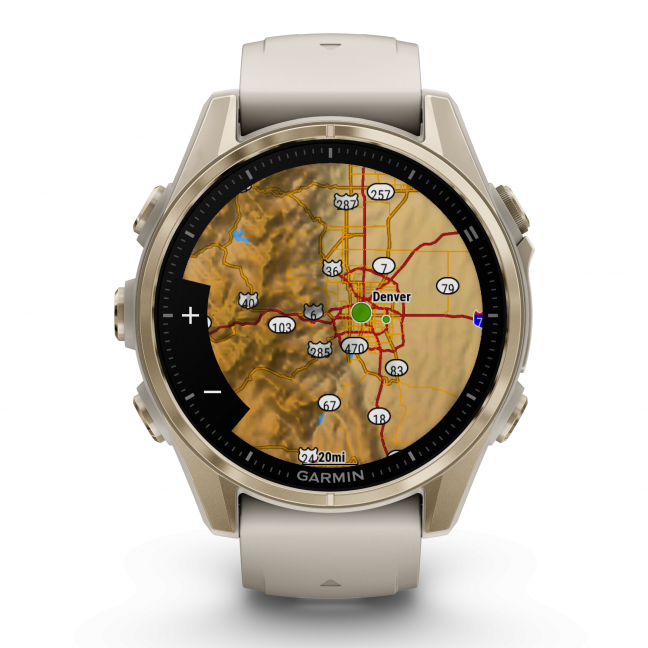 Garmin fenix 8 – 43 mm, AMOLED Sapphire, Šviesaus aukso ir rūko pilkos / tamsios smiltainio spalvos silikoninis dirželis 9