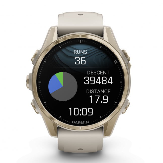 Garmin fenix 8 – 43 mm, AMOLED Sapphire, Šviesaus aukso ir rūko pilkos / tamsios smiltainio spalvos silikoninis dirželis 13