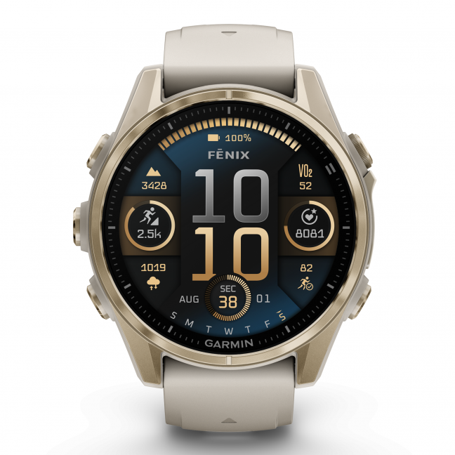 Garmin fenix 8 – 43 mm, AMOLED Sapphire, Šviesaus aukso ir rūko pilkos / tamsios smiltainio spalvos silikoninis dirželis 1