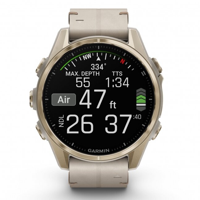 Garmin fenix 8 – 43 mm, AMOLED Sapphire, šviesios aukso spalvos, su odiniu kalkakmenio spalvos dirželiu 9