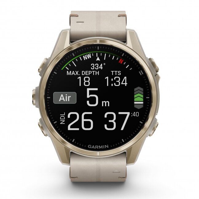 Garmin fenix 8 – 43 mm, AMOLED Sapphire, šviesios aukso spalvos, su odiniu kalkakmenio spalvos dirželiu 10