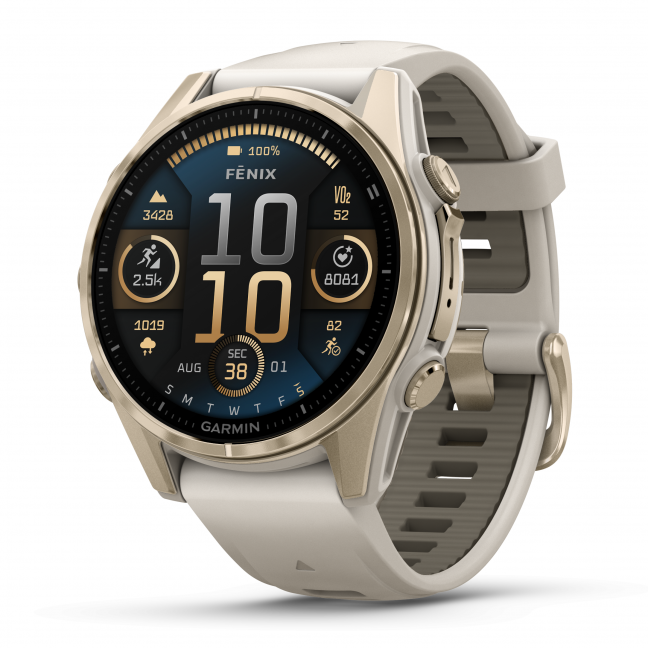 Garmin fenix 8 – 43 mm, AMOLED Sapphire, Šviesaus aukso ir rūko pilkos / tamsios smiltainio spalvos silikoninis dirželis 2