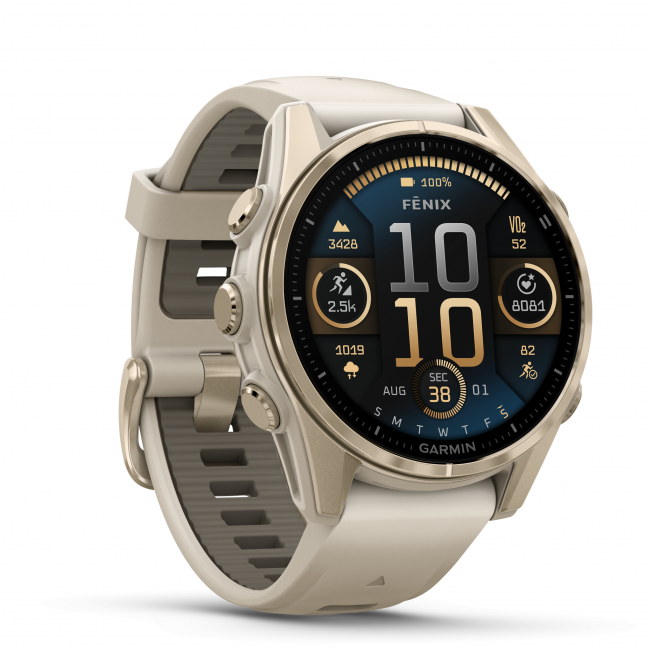 Watch fēnix® 8 – 43 mm, AMOLED Sapphire, Soft Gold with Fog grey/dark sandstone silicone band