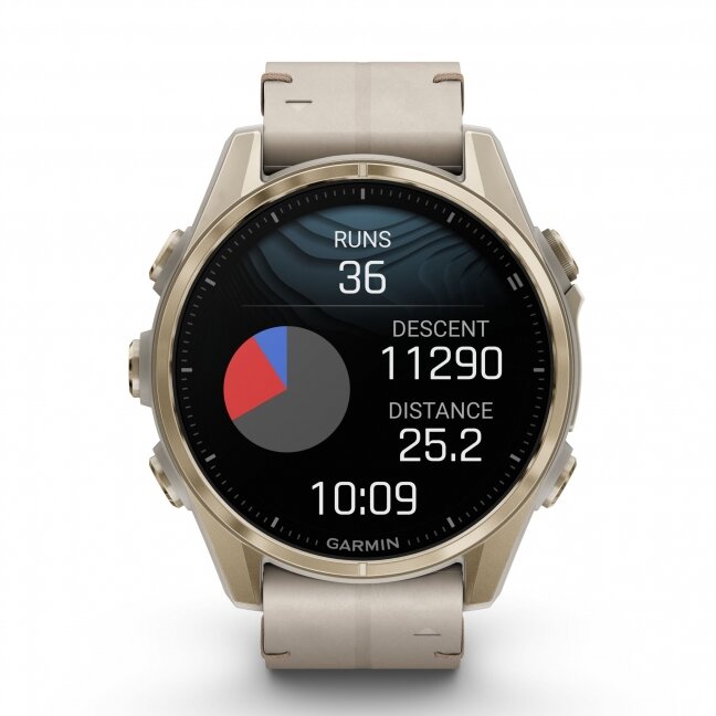 Garmin fenix 8 – 43 mm, AMOLED Sapphire, šviesios aukso spalvos, su odiniu kalkakmenio spalvos dirželiu 15