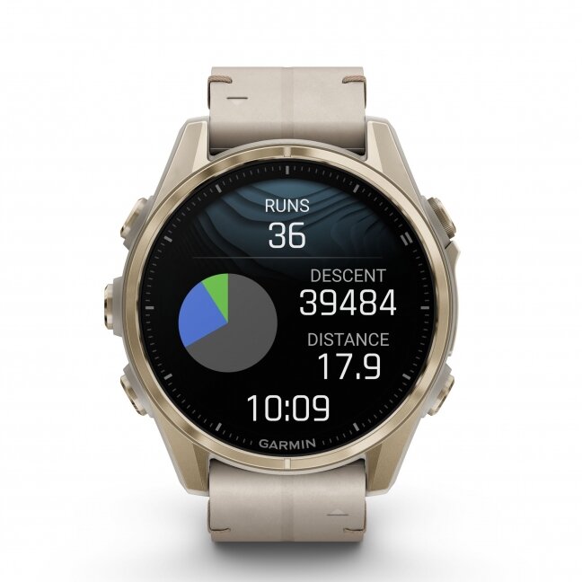 Garmin fenix 8 – 43 mm, AMOLED Sapphire, šviesios aukso spalvos, su odiniu kalkakmenio spalvos dirželiu 18