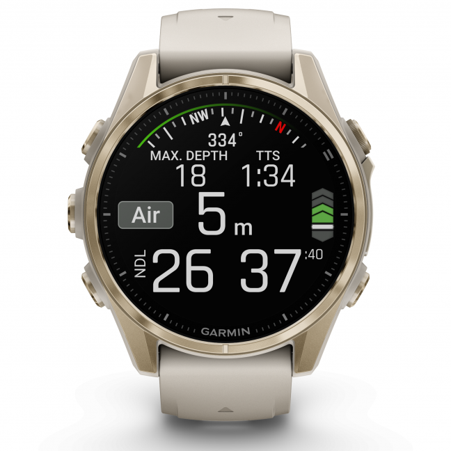 Garmin fenix 8 – 43 mm, AMOLED Sapphire, Šviesaus aukso ir rūko pilkos / tamsios smiltainio spalvos silikoninis dirželis 7