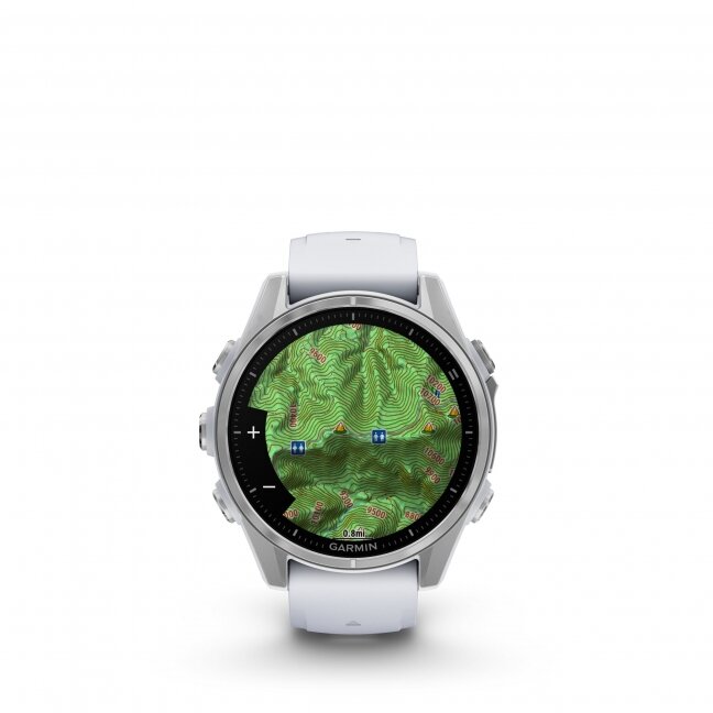 Garmin fenix 8 – 43 mm, AMOLED Sidabrinis su baltojo akmens spalvos silikoniniu dirželiu 19