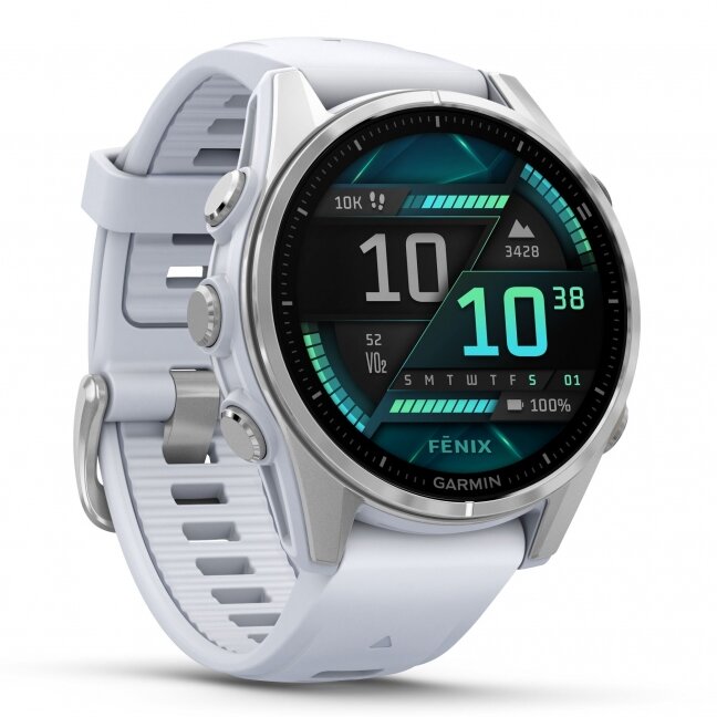 Watch fēnix® 8 – 43 mm, AMOLED Silver with Whitestone silicone band