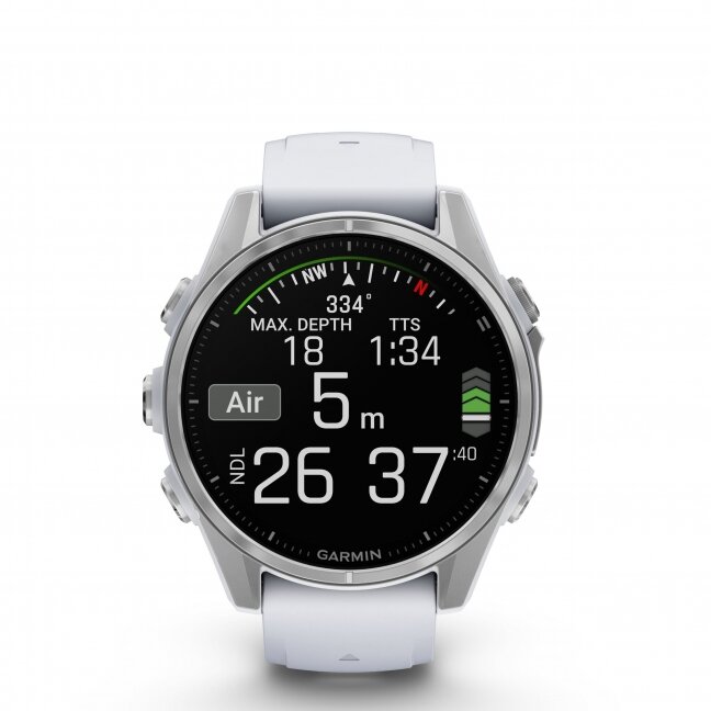 Garmin fenix 8 – 43 mm, AMOLED Sidabrinis su baltojo akmens spalvos silikoniniu dirželiu 8