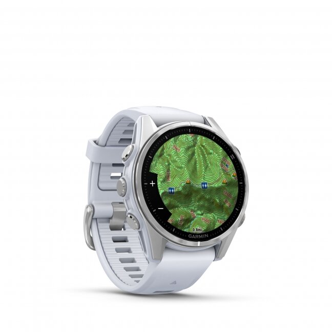 Garmin fenix 8 – 43 mm, AMOLED Sidabrinis su baltojo akmens spalvos silikoniniu dirželiu 22