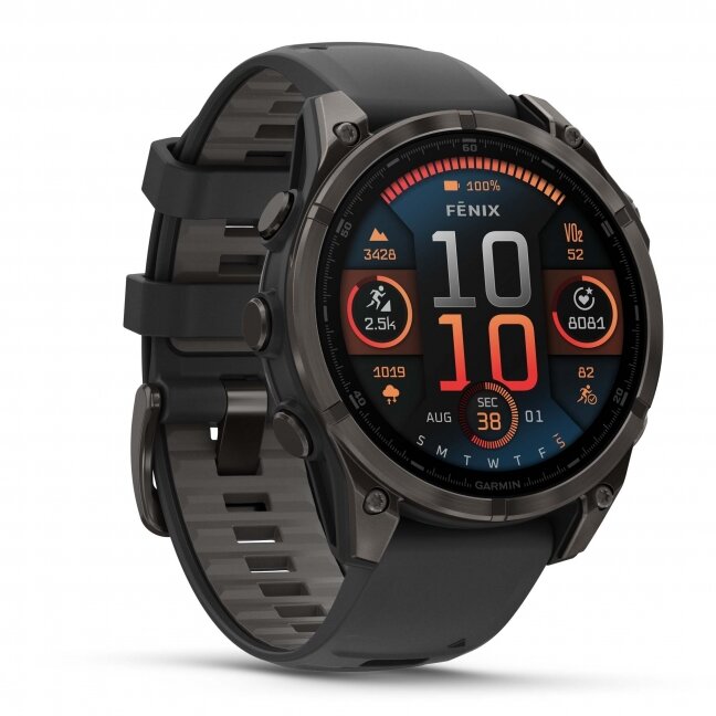 Garmin fenix 8 – 47 mm, AMOLED Sapphire, Pilkos anglies spalvos DLC titanas su juodos / pilkos akmenukų spalvos silikoniniu dirželiu 3