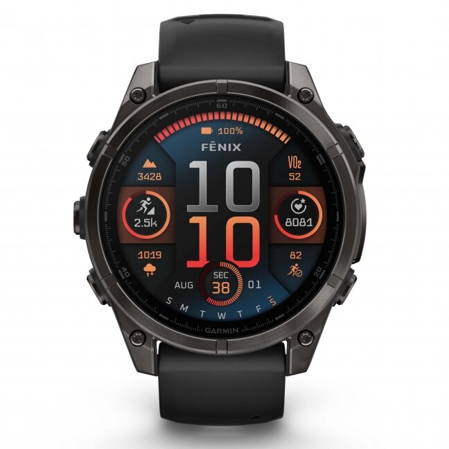 Garmin fenix 8 – 47 mm, AMOLED Sapphire, Pilkos anglies spalvos DLC titanas su juodos / pilkos akmenukų spalvos silikoniniu dirželiu 1