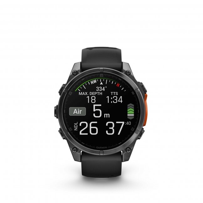 Garmin fenix 8 – 47 mm, AMOLED Skalūno pilka su Juodo silikono dirželis 8