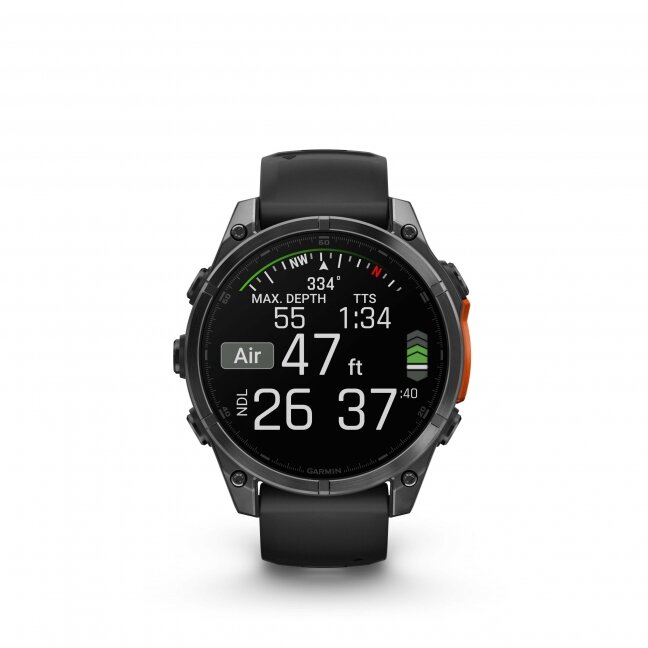 Garmin fenix 8 – 47 mm, AMOLED Skalūno pilka su Juodo silikono dirželis 9