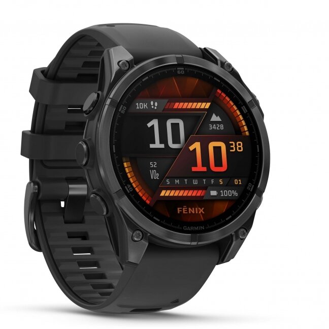 Garmin fenix 8 – 47 mm, AMOLED Skalūno pilka su Juodo silikono dirželis