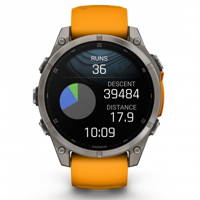 Garmin fenix 8 – 47 mm, AMOLED Sapphire, Titanas su oranžiniu / grafito spalvos silikoniniu dirželiu 15