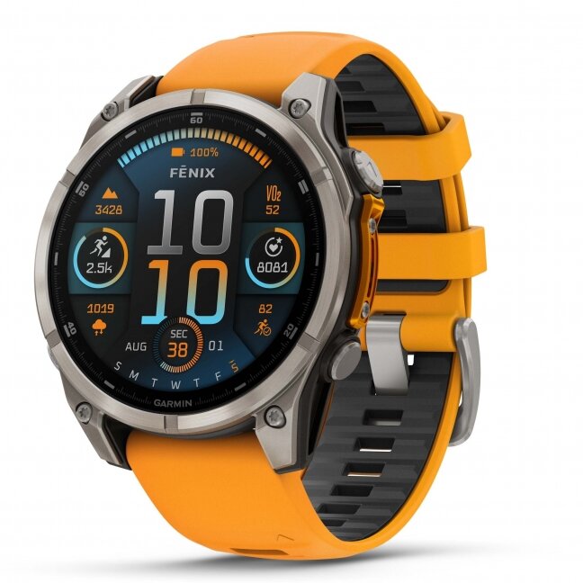 Garmin fenix 8 – 47 mm, AMOLED Sapphire, Titanas su oranžiniu / grafito spalvos silikoniniu dirželiu 2