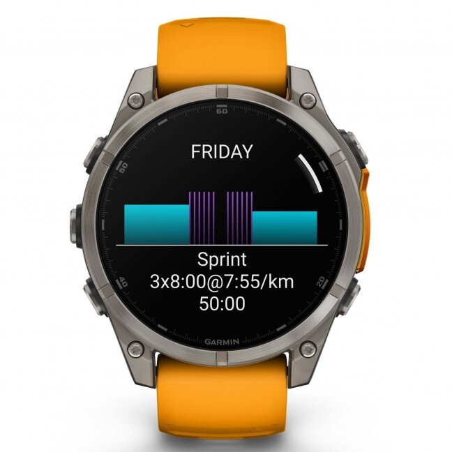 Garmin fenix 8 – 47 mm, AMOLED Sapphire, Titanas su oranžiniu / grafito spalvos silikoniniu dirželiu 9