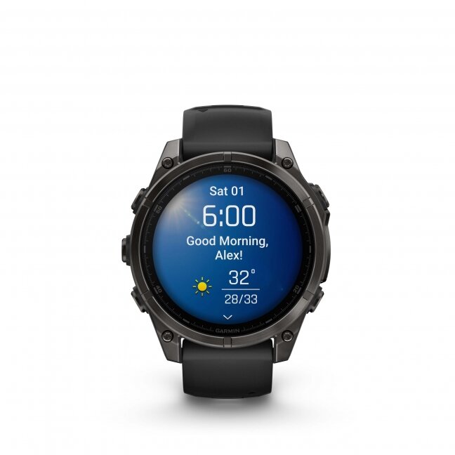 Garmin fenix 8 – 47 mm, AMOLED Sapphire, Pilkos anglies spalvos DLC titanas su juodos / pilkos akmenukų spalvos silikoniniu dirželiu 14