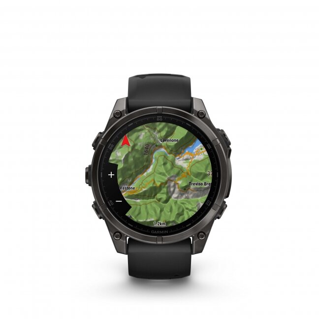 Garmin fenix 8 – 47 mm, AMOLED Sapphire, Pilkos anglies spalvos DLC titanas su juodos / pilkos akmenukų spalvos silikoniniu dirželiu 16