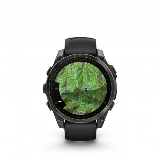 Garmin fenix 8 – 47 mm, AMOLED Sapphire, Pilkos anglies spalvos DLC titanas su juodos / pilkos akmenukų spalvos silikoniniu dirželiu 17