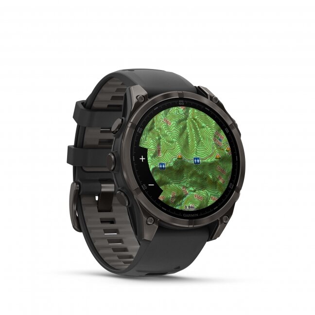 Garmin fenix 8 – 47 mm, AMOLED Sapphire, Pilkos anglies spalvos DLC titanas su juodos / pilkos akmenukų spalvos silikoniniu dirželiu 18