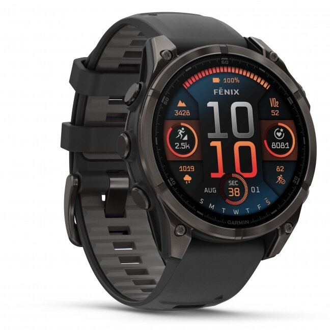 Garmin fenix 8 – 47 mm, AMOLED Sapphire, Pilkos anglies spalvos DLC titanas su juodos / pilkos akmenukų spalvos silikoniniu dirželiu