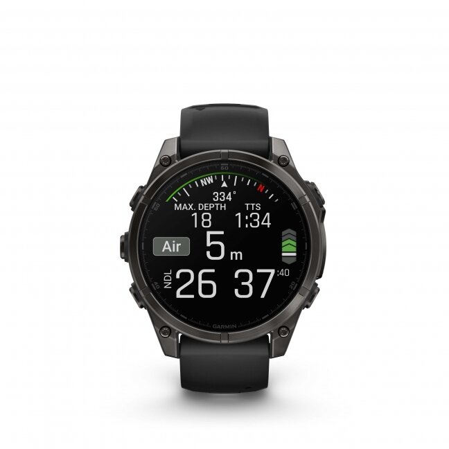 Garmin fenix 8 – 47 mm, AMOLED Sapphire, Pilkos anglies spalvos DLC titanas su juodos / pilkos akmenukų spalvos silikoniniu dirželiu 10