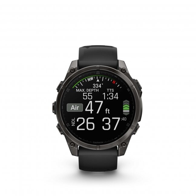 Garmin fenix 8 – 47 mm, AMOLED Sapphire, Pilkos anglies spalvos DLC titanas su juodos / pilkos akmenukų spalvos silikoniniu dirželiu 11